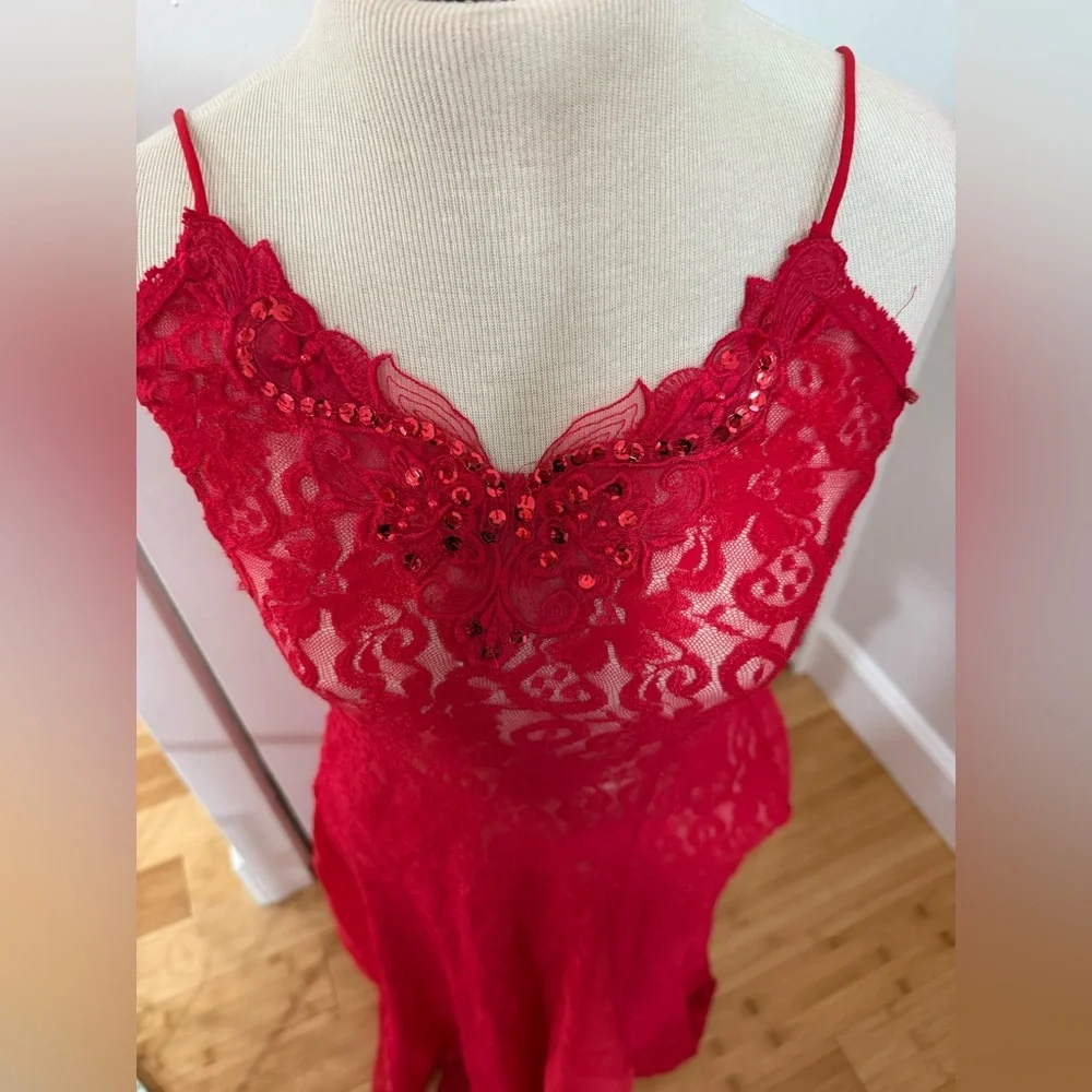 Vintage Shirley Red Floral Lace Floor Length Nightgown - Picture 6 of 15